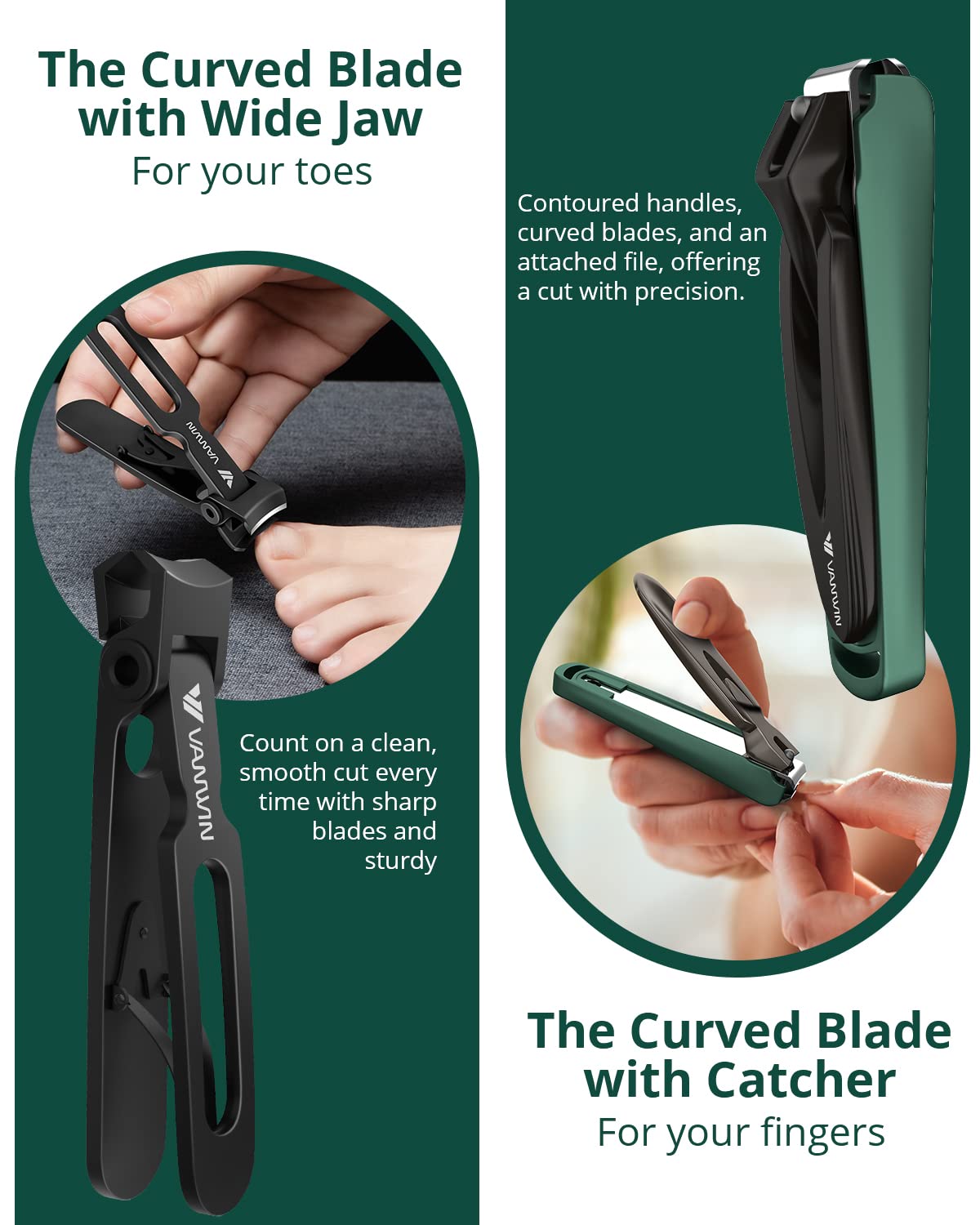 VANWIN Nail Clipper Set curved blades cut through thick nails smoothly.