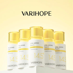VARIHOPE Vita-Aging Pure C ampoule in a night routine setup suggesting morning radiance.