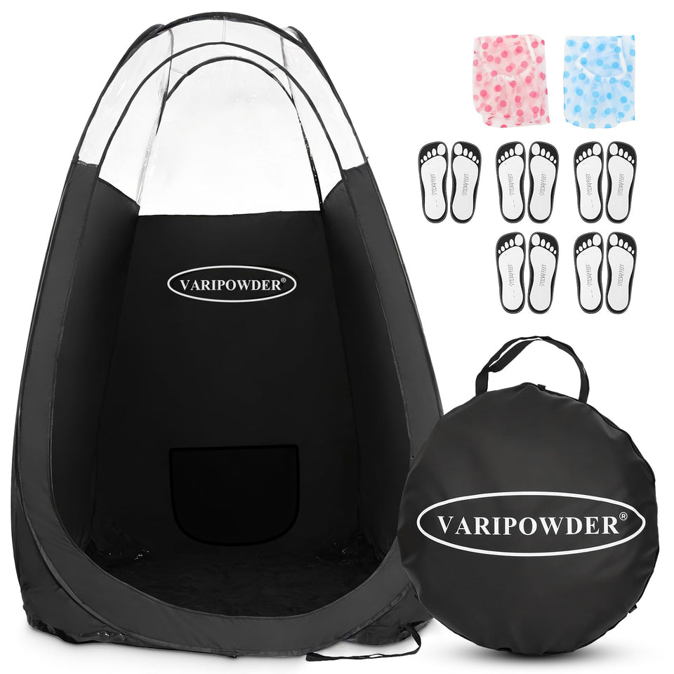 VARIPOWDER portable spray tan tent enabling clean, professional sessions anywhere
