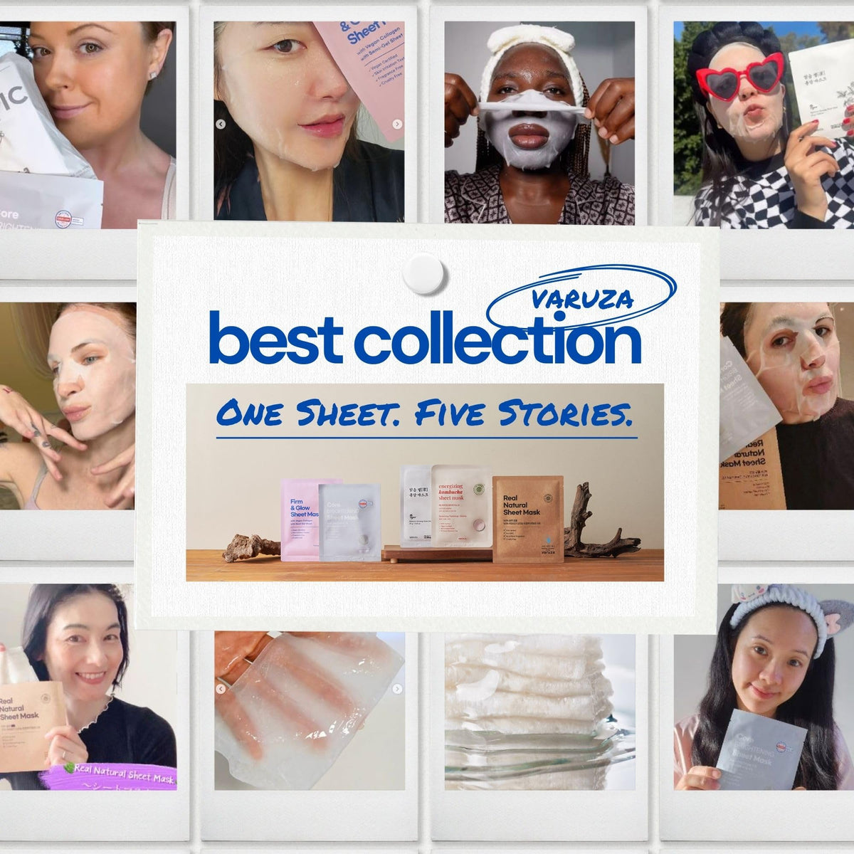 VARUZA Best Collection masks display highlighting hydration and glow benefits.