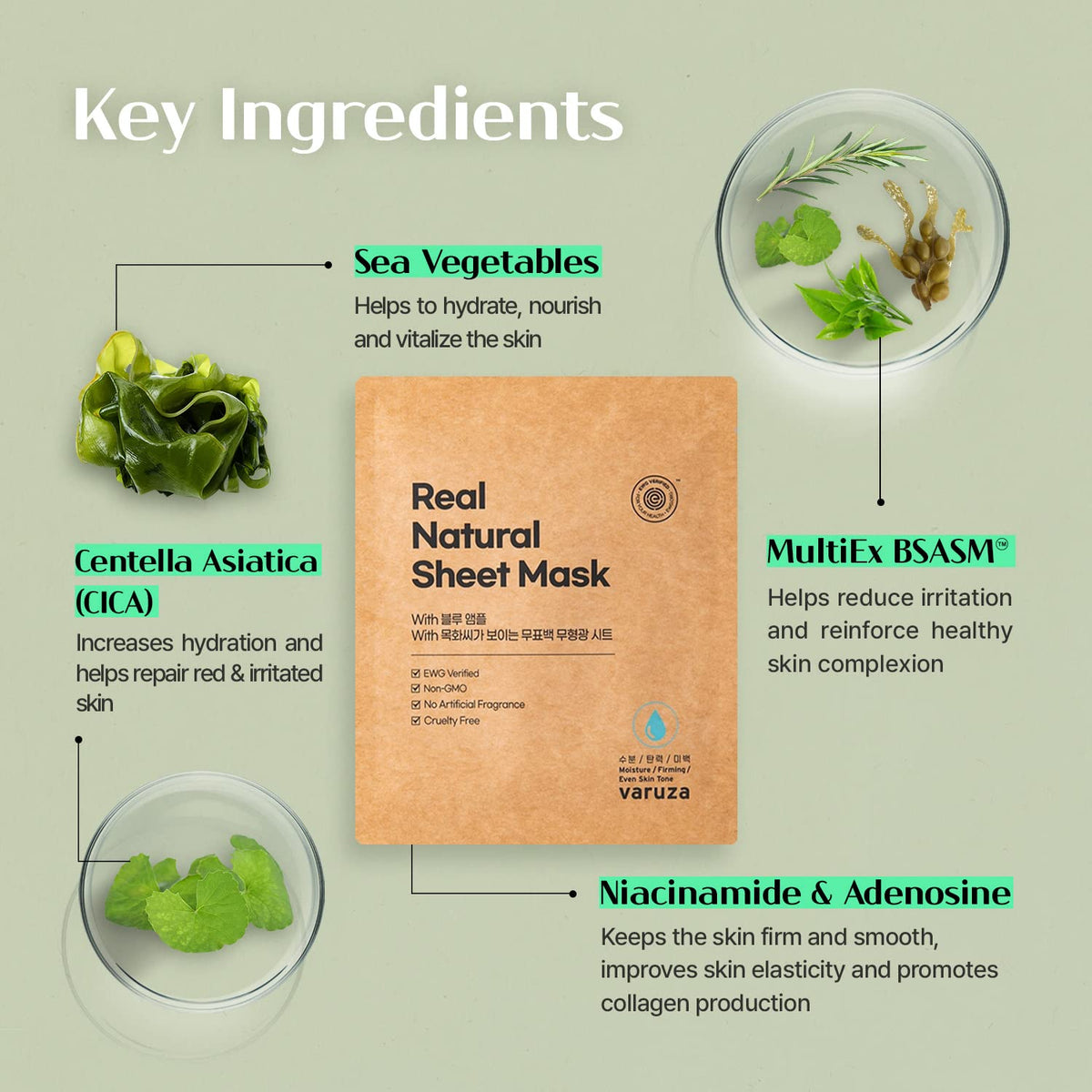 Applying Varuza Real Natural Sheet Mask for soothing, comfortable hydration.