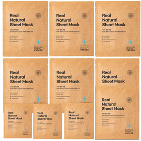 Varuza Real Natural Sheet Mask packaging with blue ampoule highlighting vegan hydration.