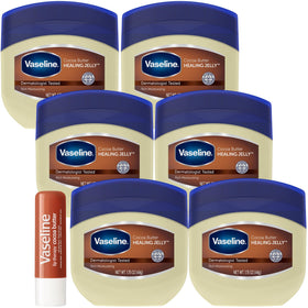 Vaseline Cocoa Butter Healing Jelly travel six-pack for on-the-go moisturization.