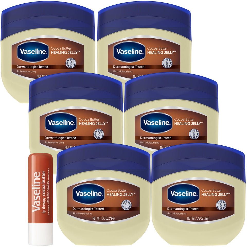 Vaseline Cocoa Butter Healing Jelly travel six-pack for on-the-go moisturization.
