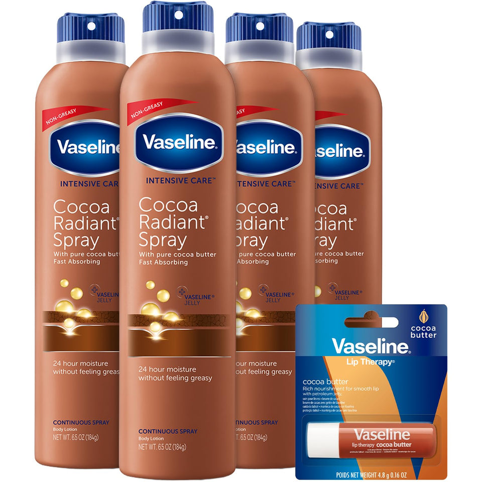 Vaseline Cocoa Radiant Spray 4-Pack on display showing each bottle for quick hydration