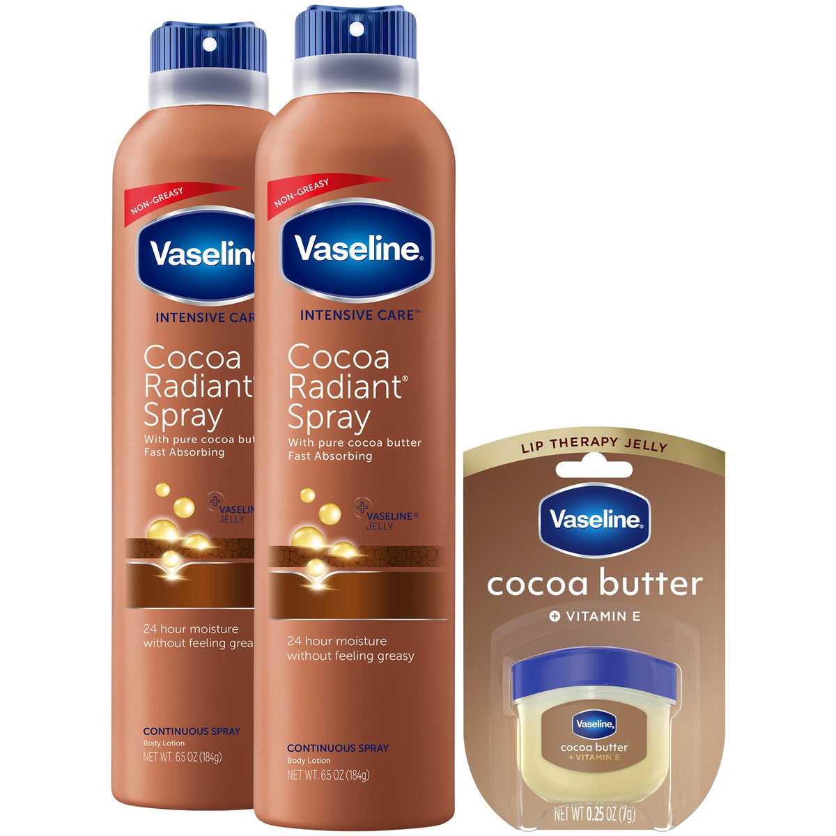 Vaseline Cocoa Radiant Spray Body Lotion bottle delivers smooth, glowing skin.