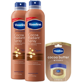 Vaseline Cocoa Radiant Spray Body Lotion bottle delivers smooth, glowing skin.