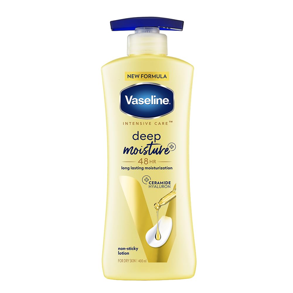Vaseline Deep Moisture bottle with ceramides for daily hydration.