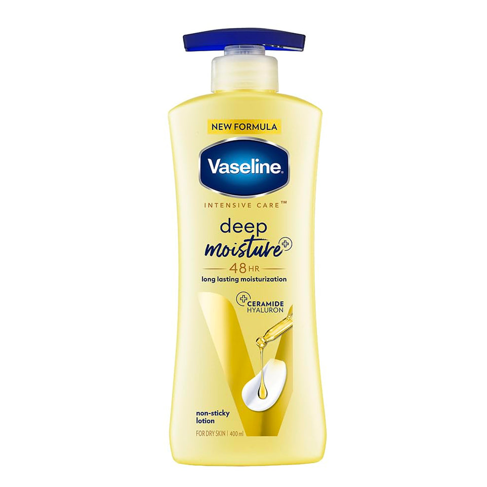 Vaseline Deep Moisture bottle with ceramides for daily hydration.