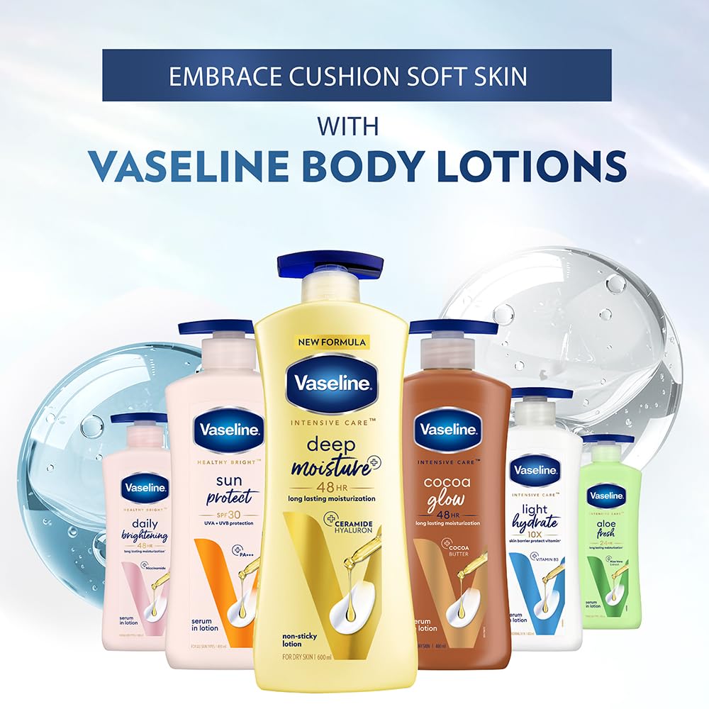 Morning skincare setup including Vaseline Deep Moisture lotion.