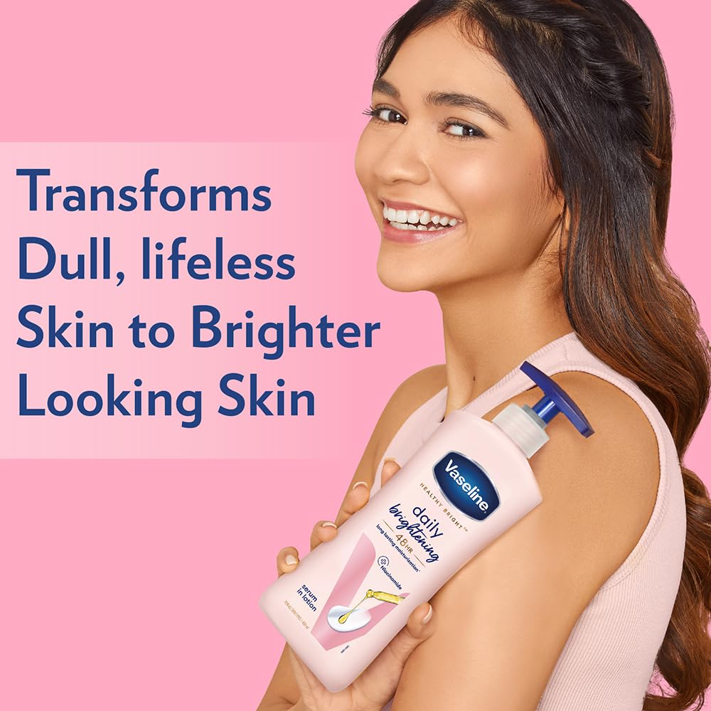 Vaseline Healthy Bright lotion texture closeup with creamy, non-greasy feel.