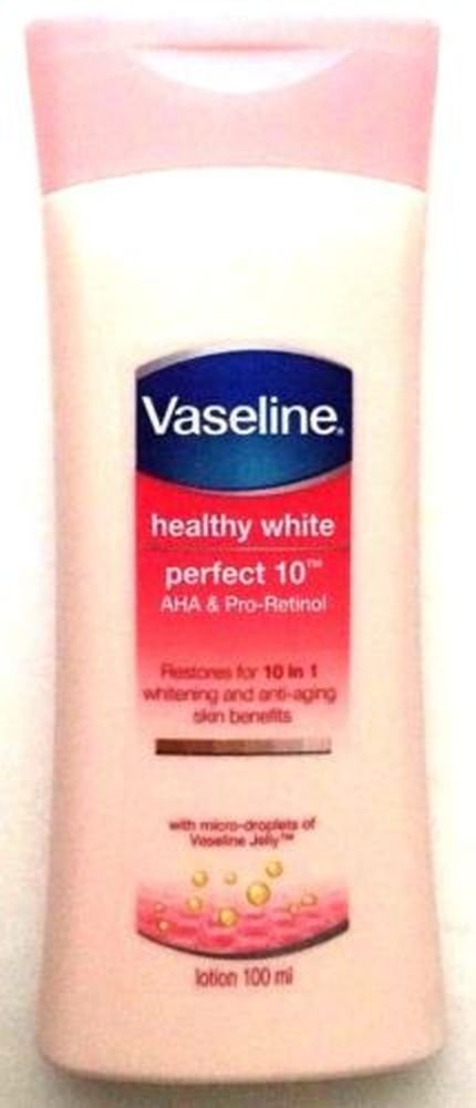 Vaseline Healthy White Perfect 10 three-pack bottles with smooth texture focus.