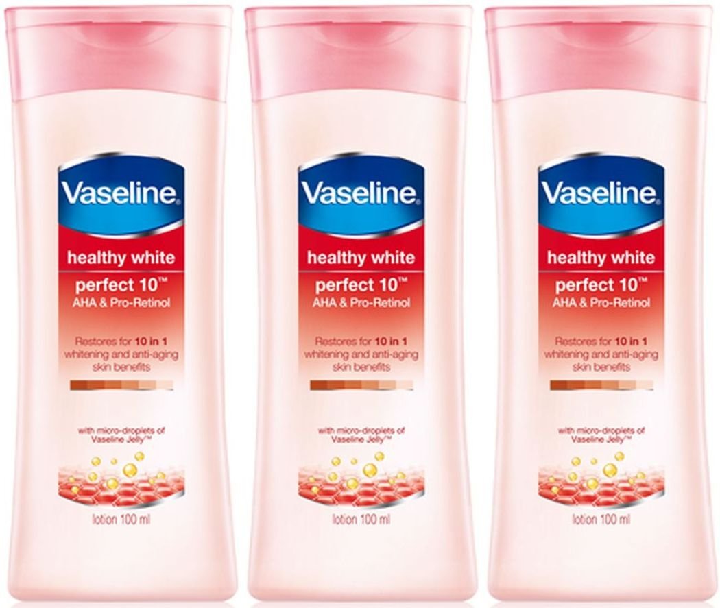 Vaseline Healthy White Perfect 10 three-pack bottles front view showing hydration-friendly packaging.