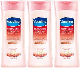 Vaseline Healthy White Perfect 10 three-pack bottles front view showing hydration-friendly packaging.