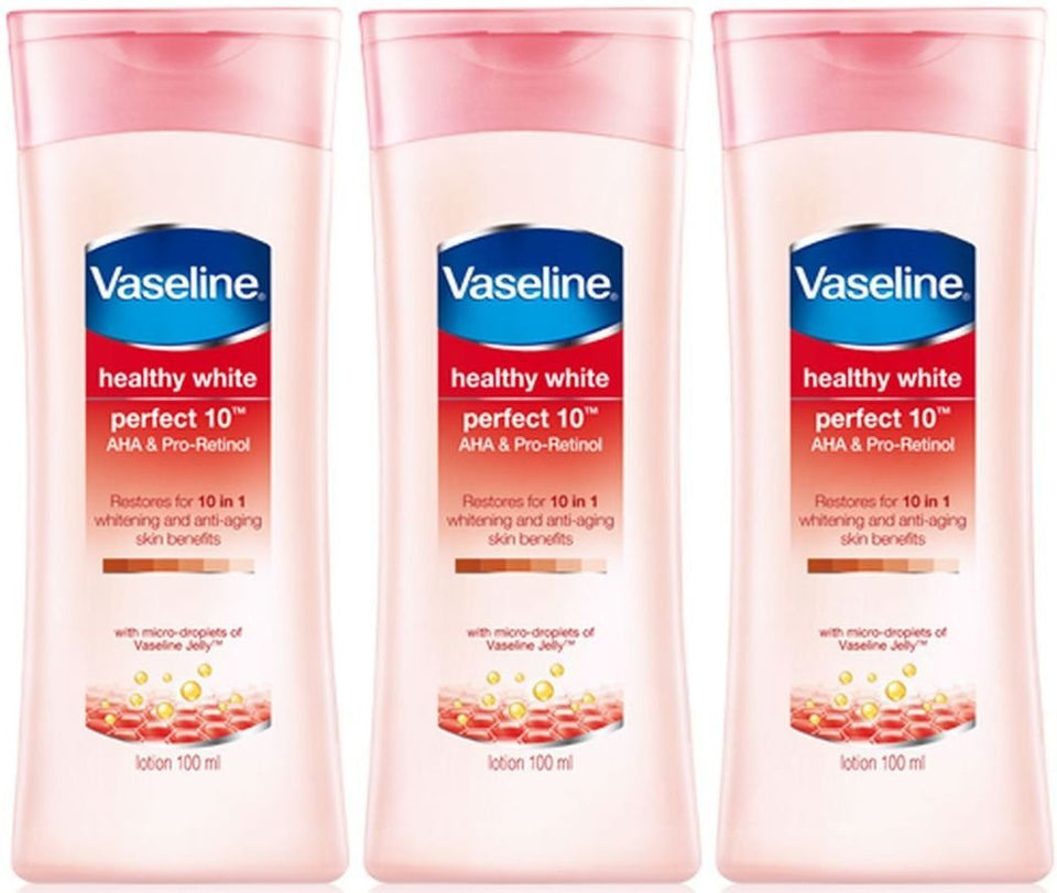 Vaseline Healthy White Perfect 10 three-pack bottles front view showing hydration-friendly packaging.