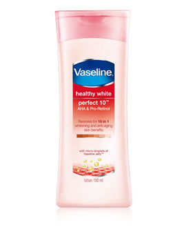Vaseline Healthy White Perfect 10 three-pack label close-up highlighting AHA and pro-retinol ingredients.