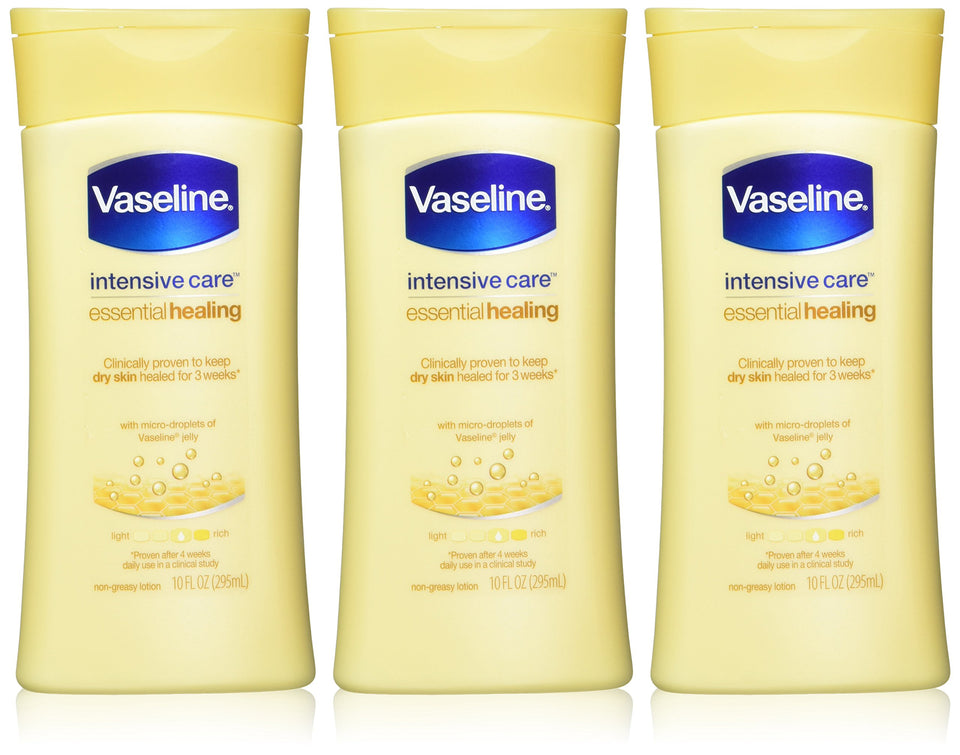 Vaseline Intensive Care Essential Healing Lotion 3-pack with 10 oz bottles for soft, smooth skin.