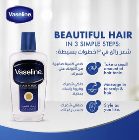 Vaseline Intensive Care Hair Tonic label highlights gentle scalp care.