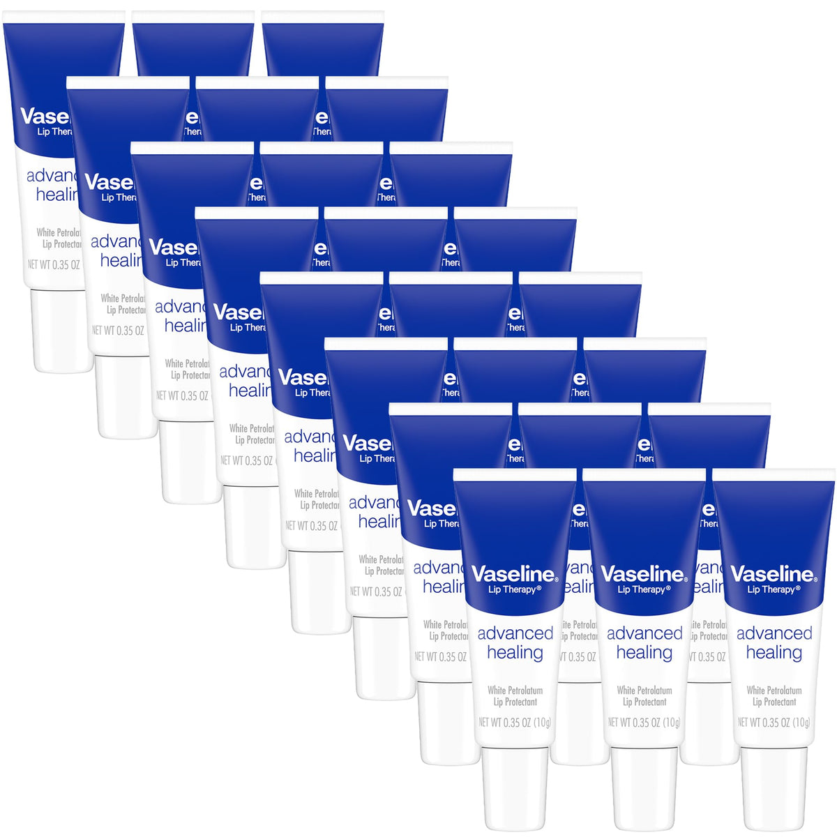 Vaseline Lip Therapy Advanced Healing balm tube close-up for instant relief of dry lips