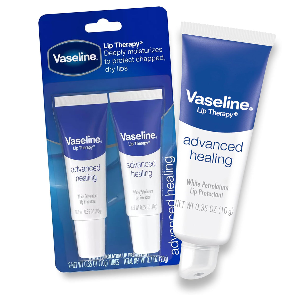 Vaseline Lip Therapy Advanced Healing balm on bathroom vanity