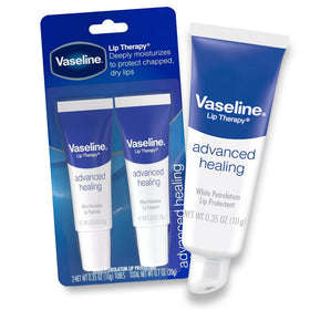 Vaseline Lip Therapy Advanced Healing balm on bathroom vanity