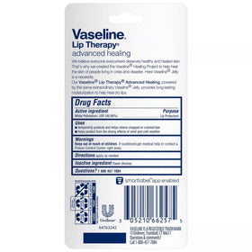 Vaseline Lip Therapy Advanced Healing packaging shows portable lip care for busy days