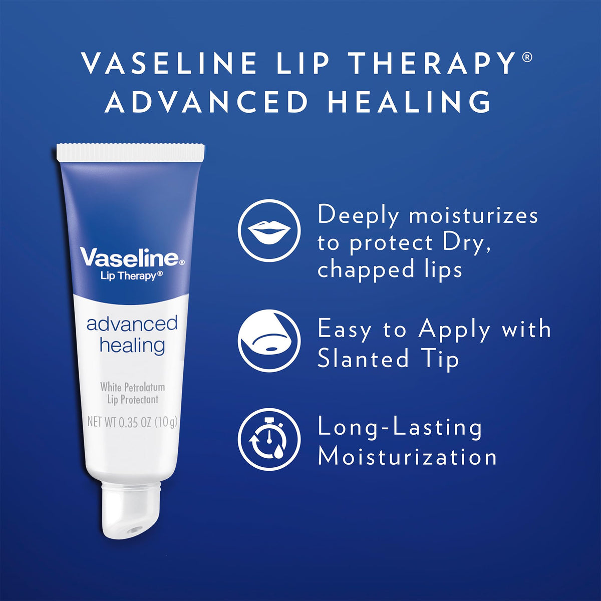 Vaseline Lip Therapy Advanced Healing balm shows side view for easy use