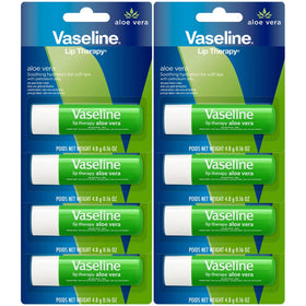 Vaseline Lip Therapy Aloe Fresh 8-pack cover with compact lip balm display for soothing moisture