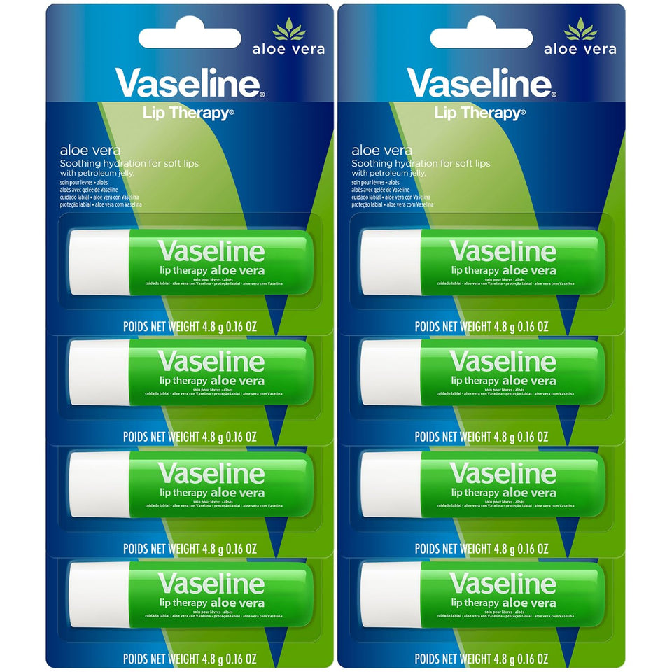 Vaseline Lip Therapy Aloe Fresh 8-pack cover with compact lip balm display for soothing moisture
