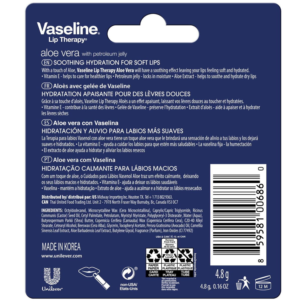 Close-up of Vaseline Lip Therapy Aloe Fresh stick showing non-greasy glide