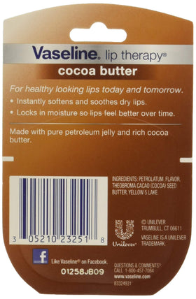 Vaseline Lip Therapy Cocoa Butter tubes open for easy application.