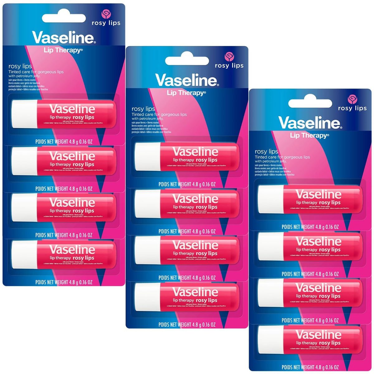 Vaseline Lip Therapy Rosy Lips 12-pack package for everyday hydration