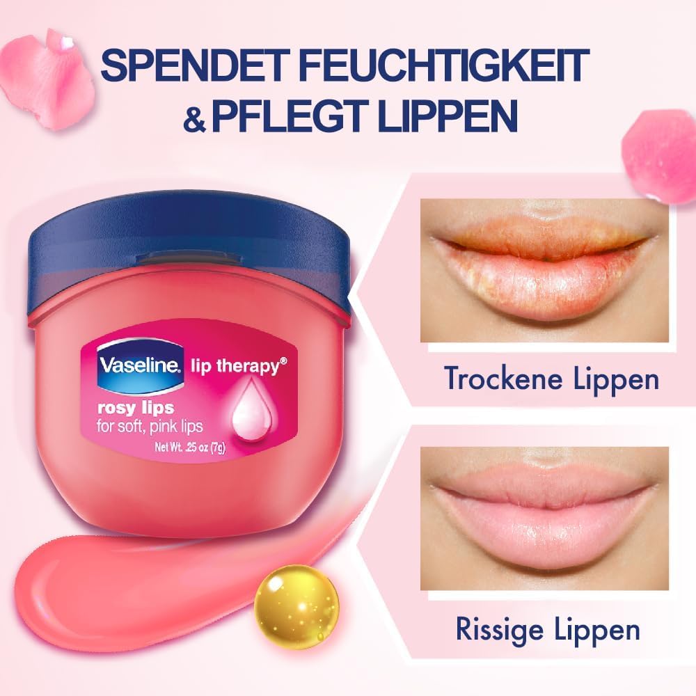 Vaseline Rosy Lips jar set on vanity with soft glow.
