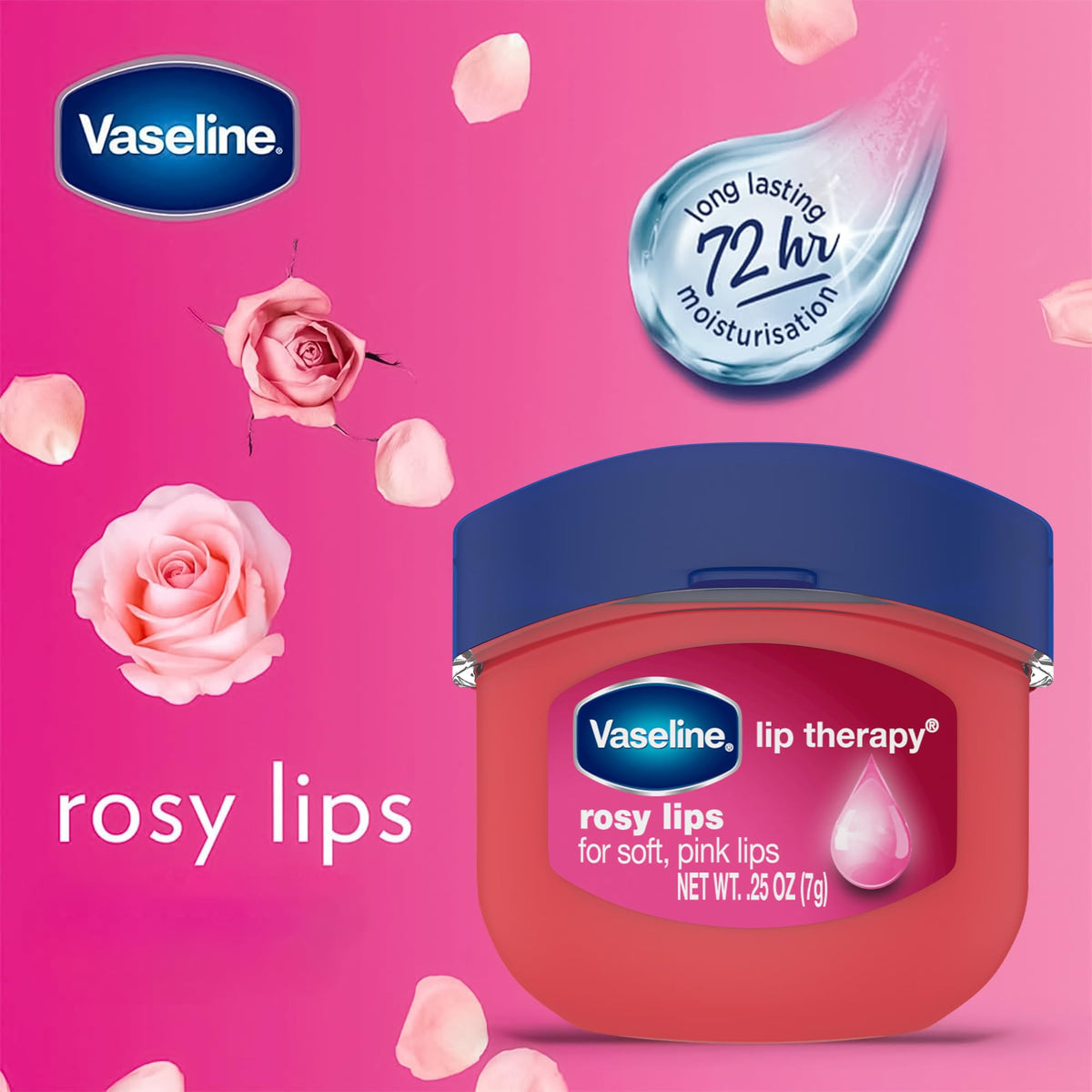 Vaseline Lip Therapy Rosy Lips mini-open jar showing rosy tint and texture.