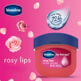 Vaseline Lip Therapy Rosy Lips mini-open jar showing rosy tint and texture.