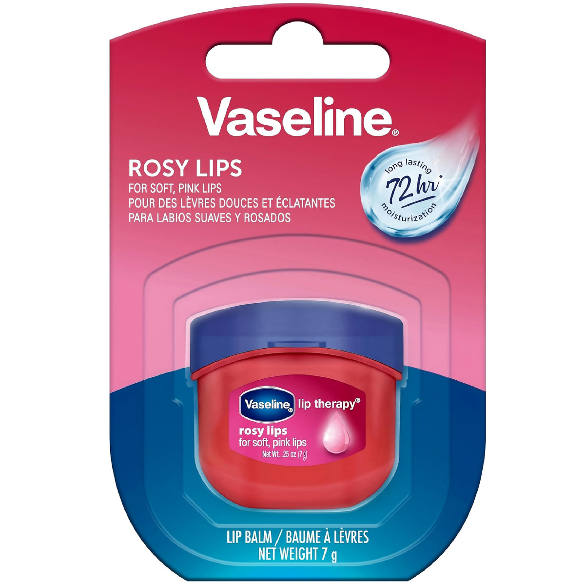 Vaseline Lip Therapy Rosy Lips mini-pack front view for daily moisture with rose tint.