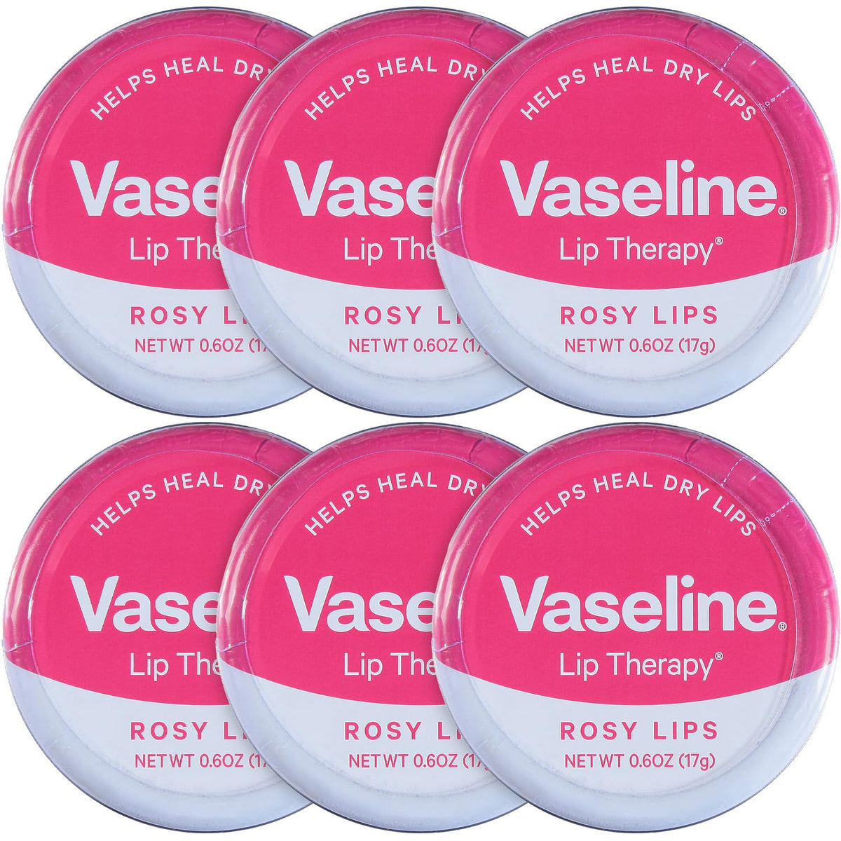 Vaseline Lip Therapy Rosy Lips tin pack showing six-pack for daily moisture