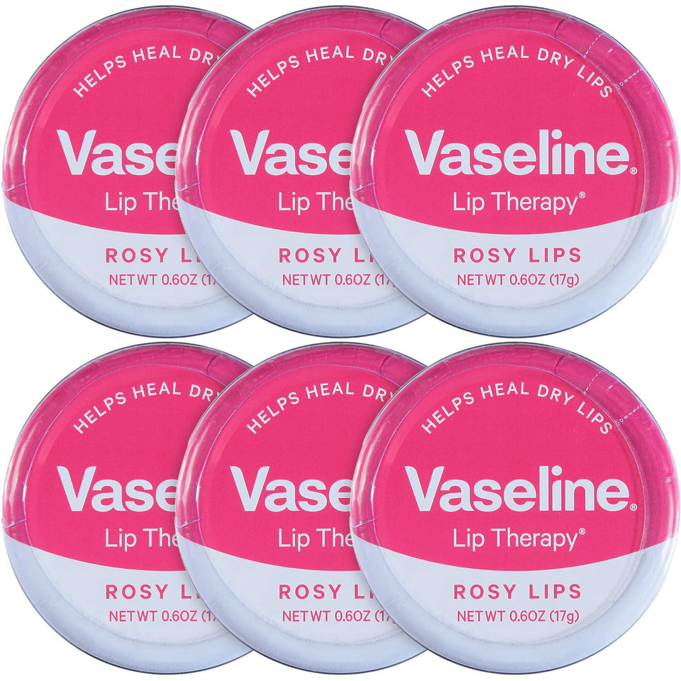 Vaseline Lip Therapy Rosy Lips tin pack showing six-pack for daily moisture