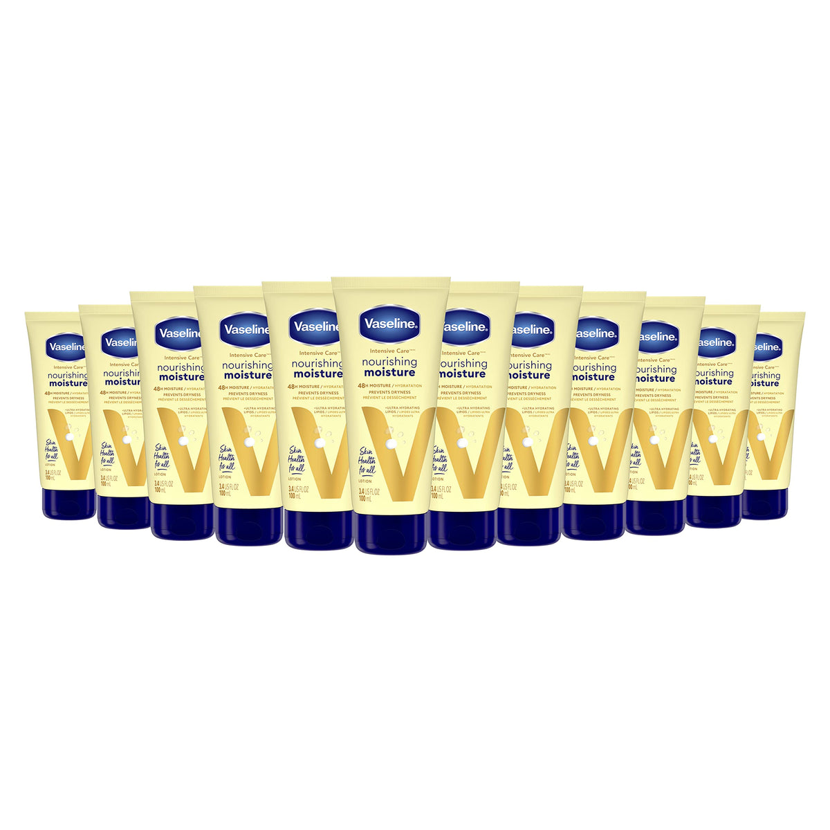 Vaseline Nourishing Moisture pack of 12 bottles front view for daily hydration