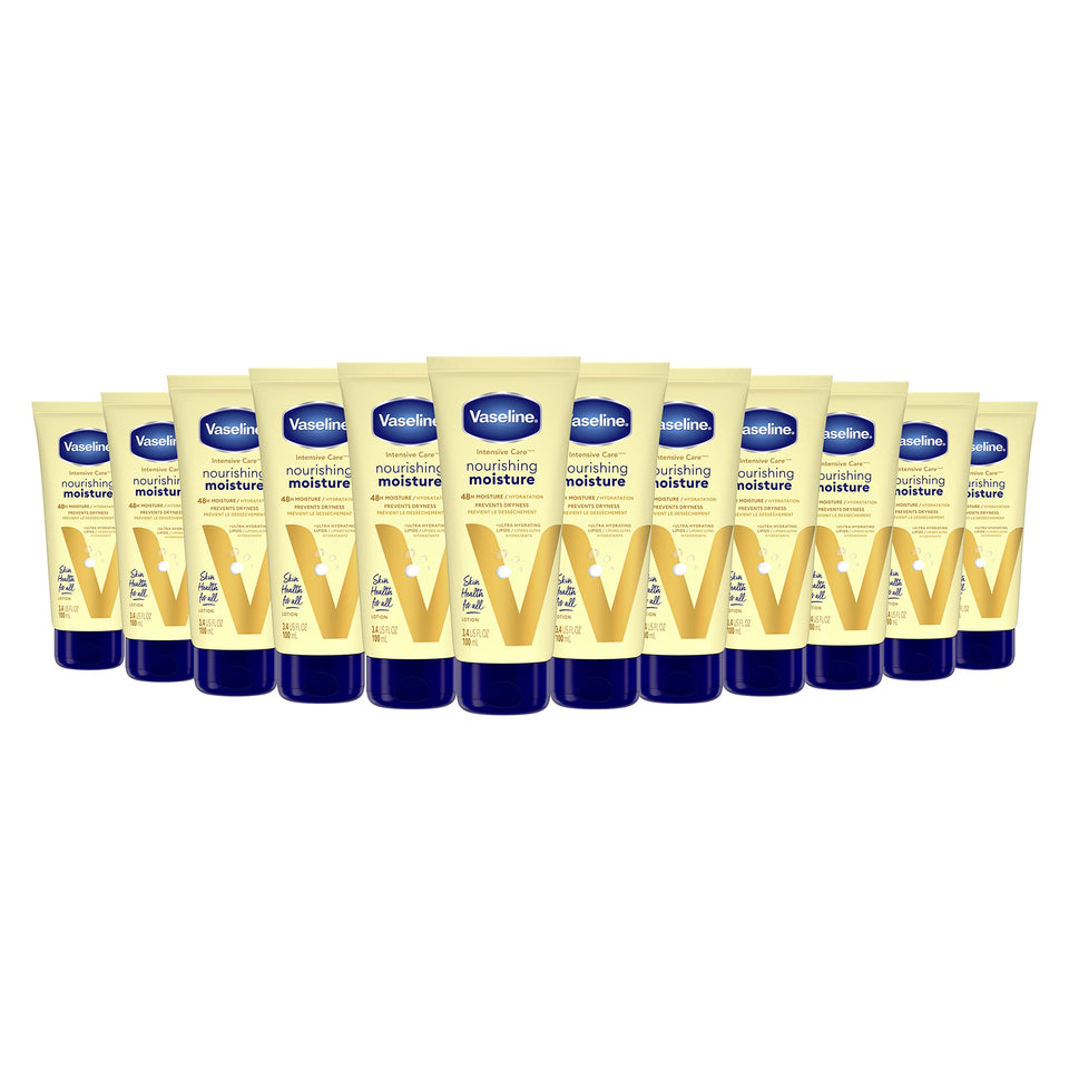 Vaseline Nourishing Moisture pack of 12 bottles front view for daily hydration