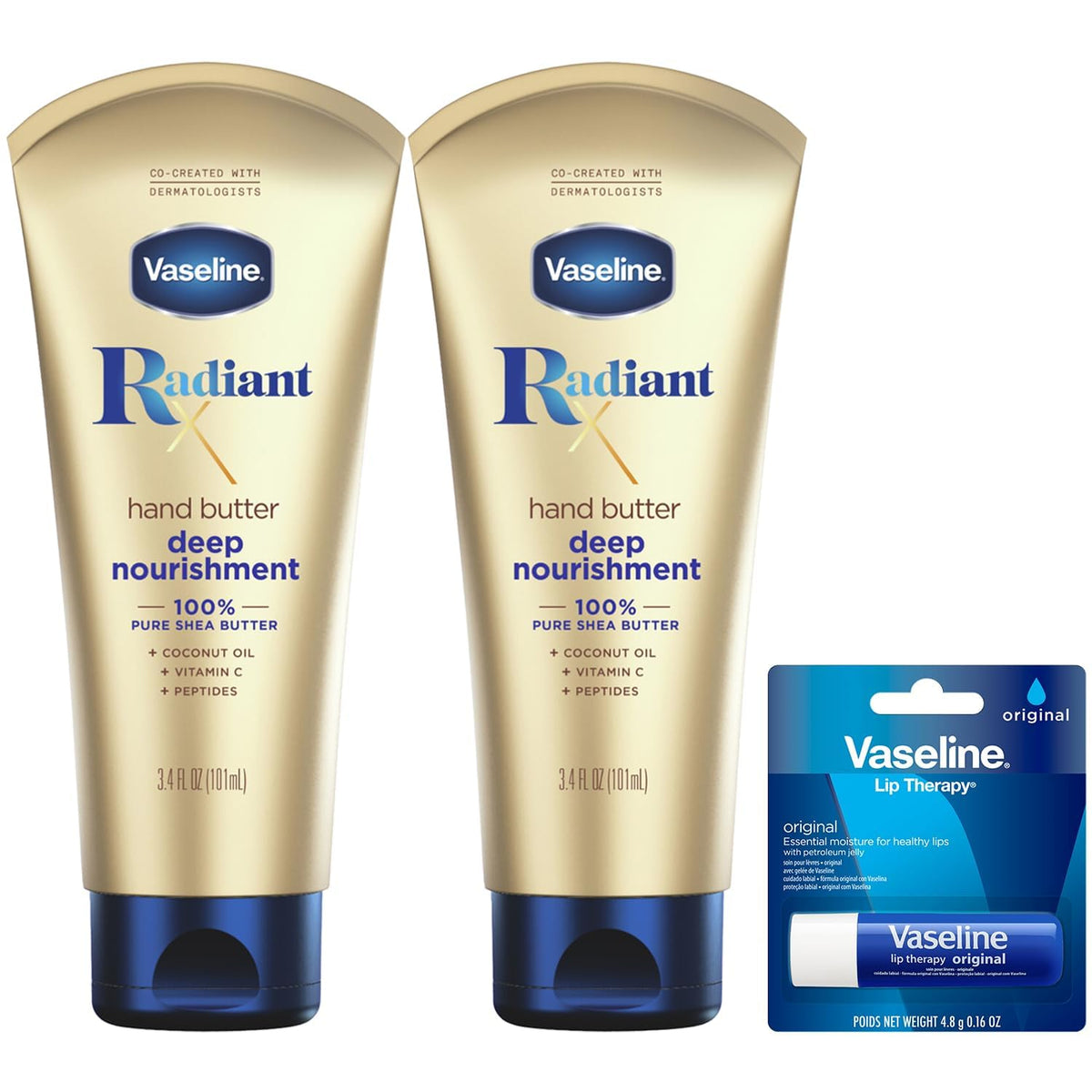 Vaseline Radiant X hand butter 2-pack displayed for dry hands care