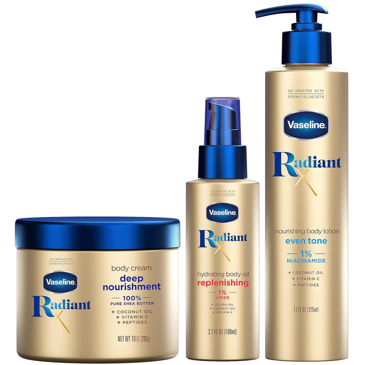 Vaseline Radiant X set packshot highlighting balanced hydration for diverse skin tones