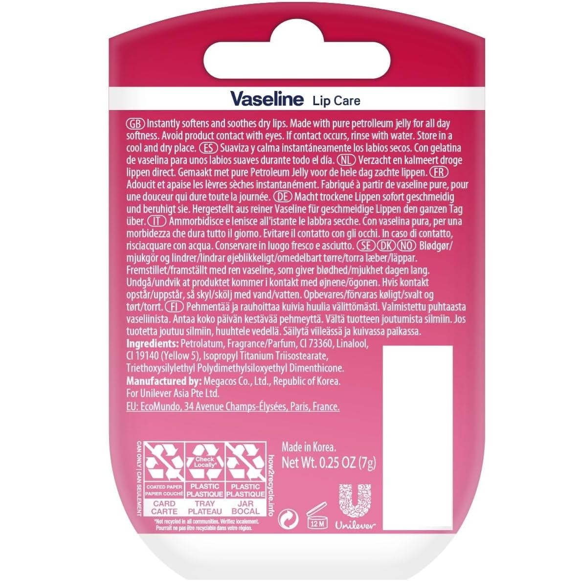 Vaseline Rosy Lips balm close-up showing rose tint and pink glow.