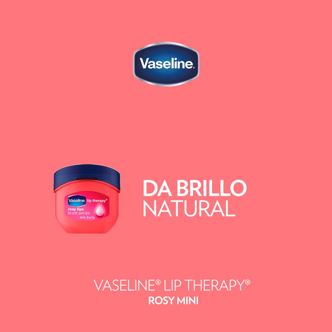 Vaseline Rosy Lips mini-jar close-up highlighting fragrance and non-sticky feel.