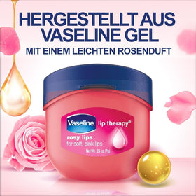 Vaseline Lip Therapy Rosy Lips mini-pack near makeup for daily routine.