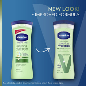 Close-up of Vaseline Soothing Hydration bottle showing the gel-based moisturizing formula