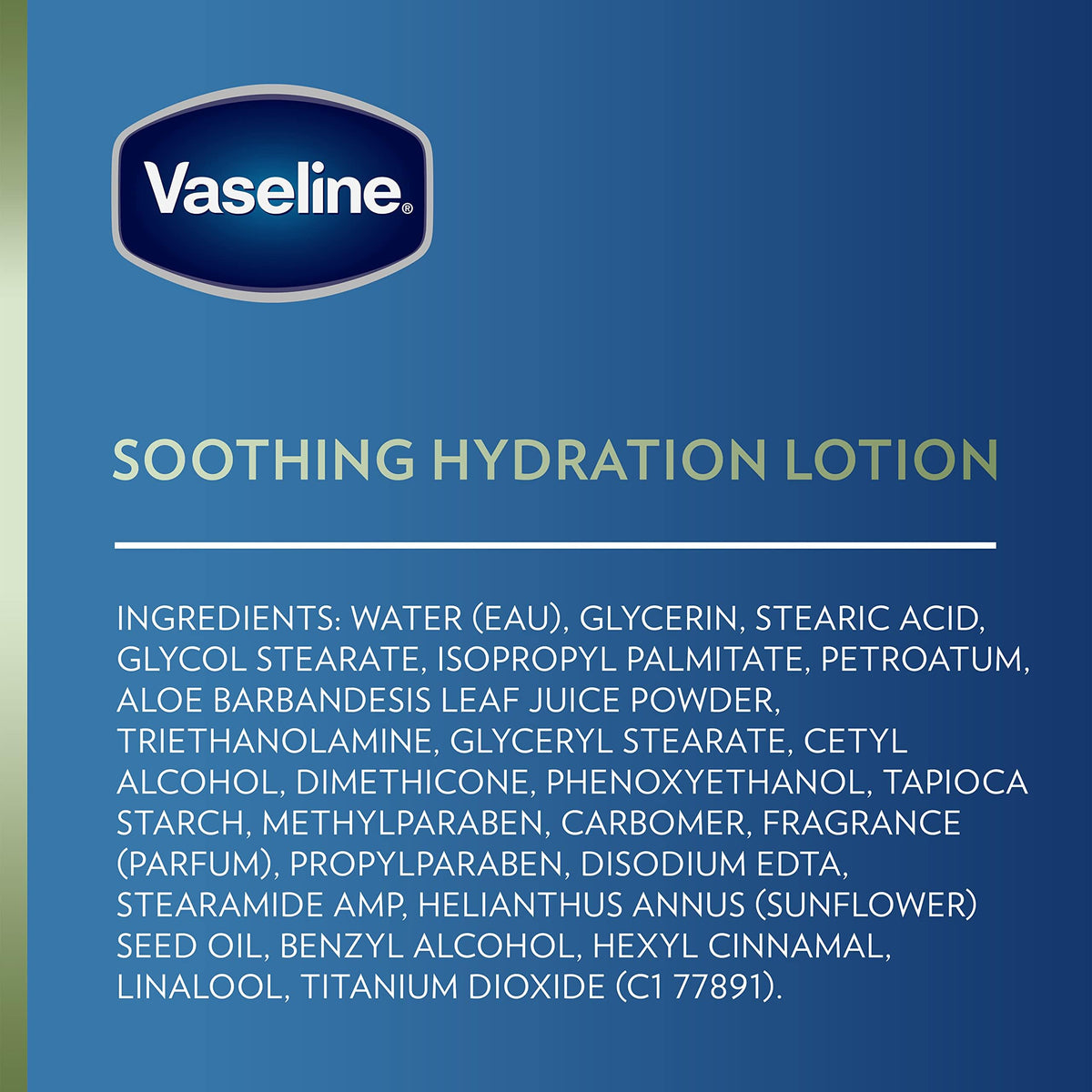Packaging notes equitable skin care message on Vaseline Soothing Hydration