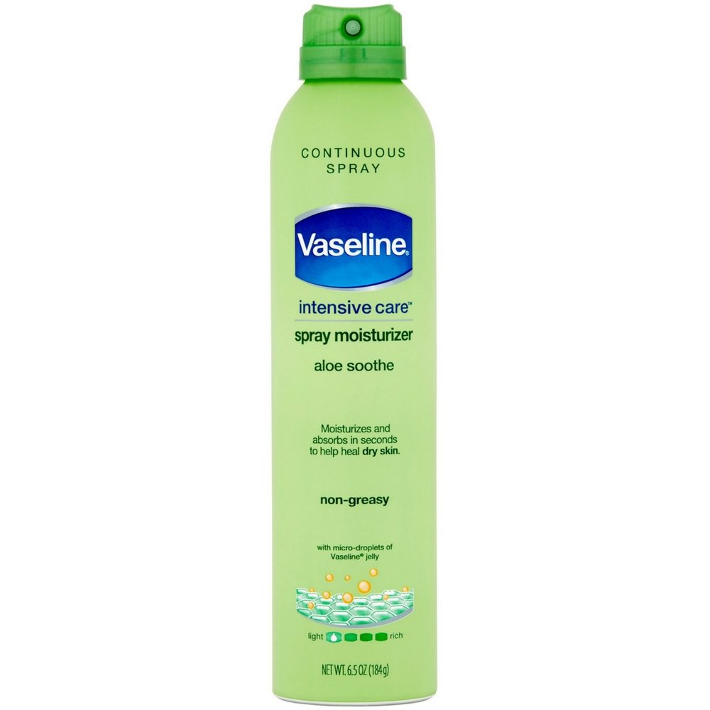 Vaseline Spray and Go Aloe Fresh bottle for fast, non-greasy moisturization on the go
