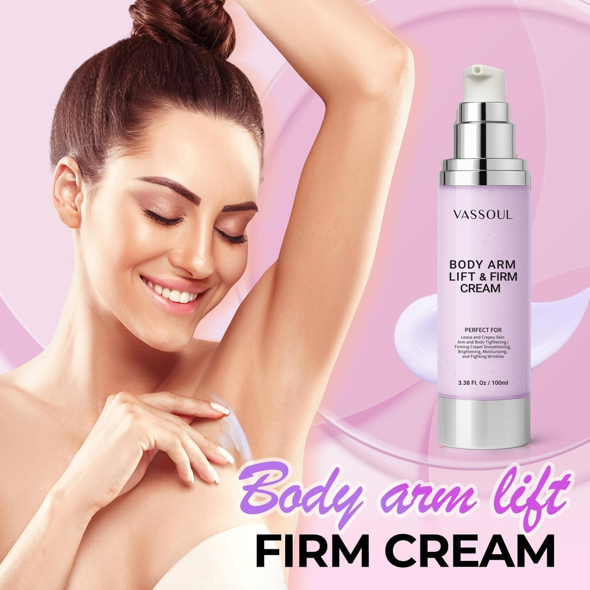VASSOUL Lift and Firm Arm Cream packaging highlighting premium design for daily firming routine.