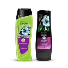 Vatika Naturals Blackseed Shampoo bottle with label promises frizz control and shine.